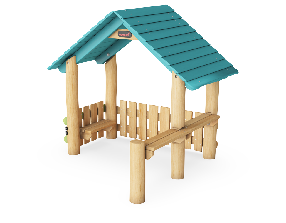Hrací domeček s plotem, štítem a pulty